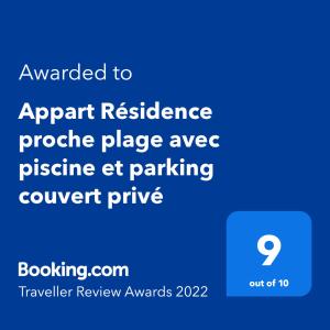 Appart Résidence proche plage avec piscine et parking couvert privé