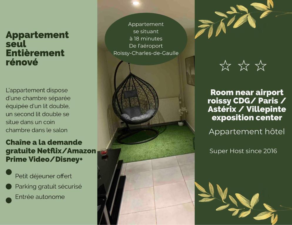 Appartement cosy proche Roissy CDG Astérix DisneyLand Paris 43 Boulevard Pasteur, 95190 Goussainville