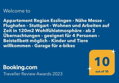Appartement Region Esslingen - Nähe Messe - Flughafen - Stuttgart - Wohnen und Arbeiten auf Zeit in 120m2 Wohlfühlatmosphäre - ab 3 Übernachtungen - geeignet für 4 Personen - Beistellbett möglich - Kinder und Tiere willkommen - Garage für e-bikes
