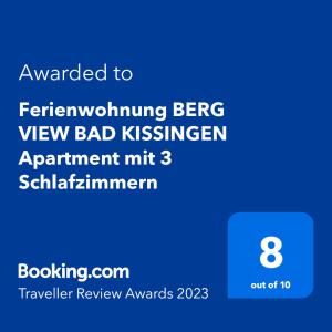 Appartement Ferienwohnung BERG VIEW BAD KISSINGEN Apartment mit 3 Schlafzimmern 20 Pfalzstraße 97688 Bad Kissingen Bavière