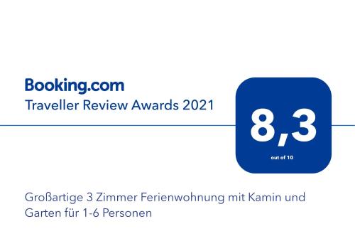 Großartige 3 Zimmer Ferienwohnung mit Kamin und Garten für 1-6 Personen