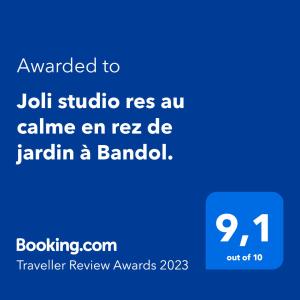 Joli studio res au calme en rez de jardin à Bandol.