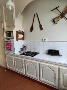 Chambre grise dans une demeure du 16ème à Saumur comprenant cuisine équipée
