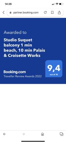 Studio Suquet balcony 1 min beach, 10 min Palais & Croisette Works Cannes france
